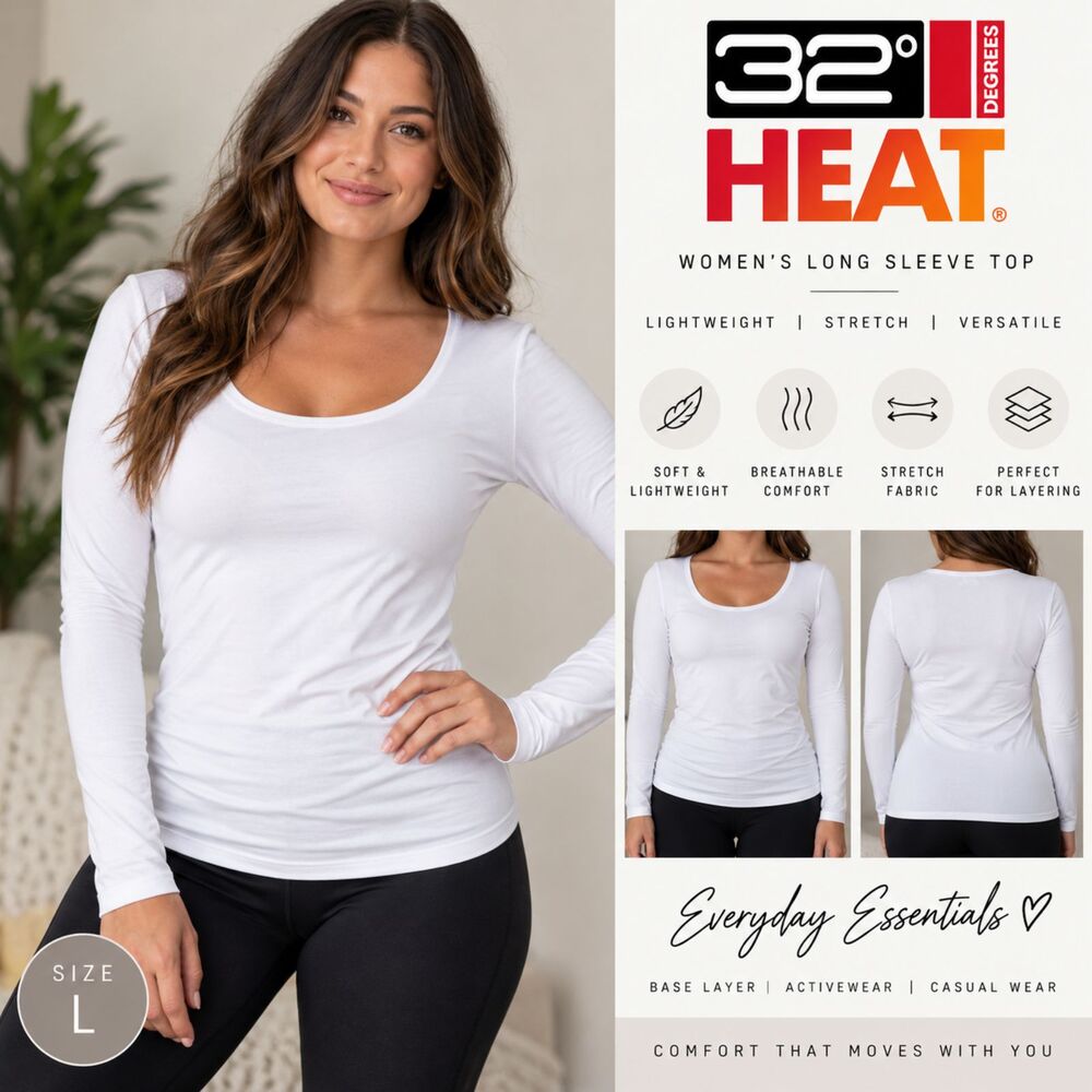 32 Degrees HEAT Womens L White Long Sleeve Scoop Neck Stretch Base Layer Top